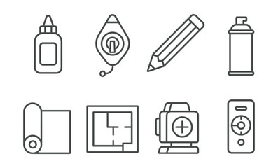 line vector icons of construction and repair: marking chalk, chalk reel, construction pencil, spray 