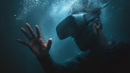 Poster - Close up of a Person Exploring Virtual Reality Underwater Experience Generative AI