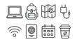 © VideoHub - Line vector icons of travel essentials for digital nomads: laptop, backpack, map, charging, wi-fi, passport, calendar, coffee shop.