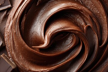 Poster - A rich and decadent close-up of dark chocolate frosting swirls, a culinary delight, revealing smooth textures and inviting cocoa tones for tempting dessert creations.