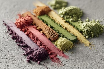 Poster - A vibrant assortment of colorful powders arranged in stripes, displaying various shades of earthy pigments and natural dyes on a textured surface, artistic composition.