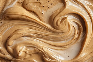 Poster - A mesmerizing close-up of swirling caramel-colored cream with bubbles, displaying a rich and smooth texture and dynamic, fluid motion in an abstract pattern.
