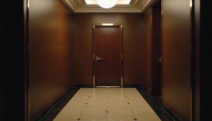 Poster - Elegant hallway with a closed door and sophisticated lighting  