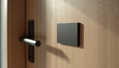 Poster - Modern door handle on wooden door with minimalist design  
