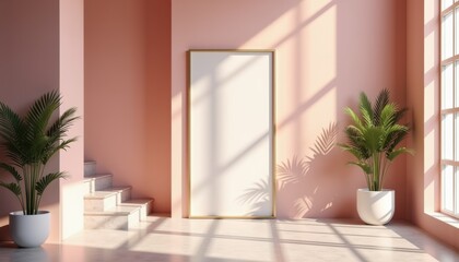 Poster - Modern interior with plants and natural light against pink walls  