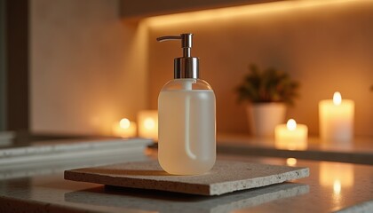 Poster - Elegant soap dispenser against a soothing candlelit background  