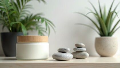 Poster - Spa-inspired candle with stones and greenery in a calming setting  