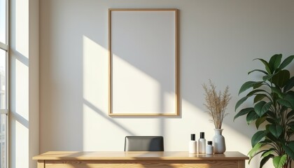 Poster - Modern office space with blank frame and houseplant  