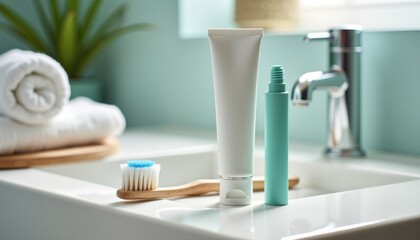 Poster - Bathroom essentials showcasing skincare and dental care products  
