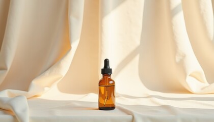 Poster - amber glass dropper bottle with serum on soft cream fabric  