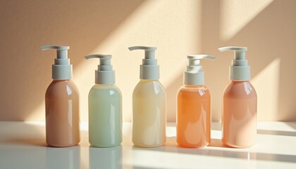 Poster - Beautifully arranged skincare bottles in soft pastel colors  