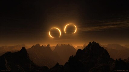 Poster - Two Alien Moons Eclipse in a Jagged Landscape Under Twilight Generative AI