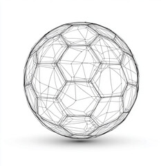 Geometric wireframe, illustration of a soccer ball, showing hexagonal and  panels on white background.