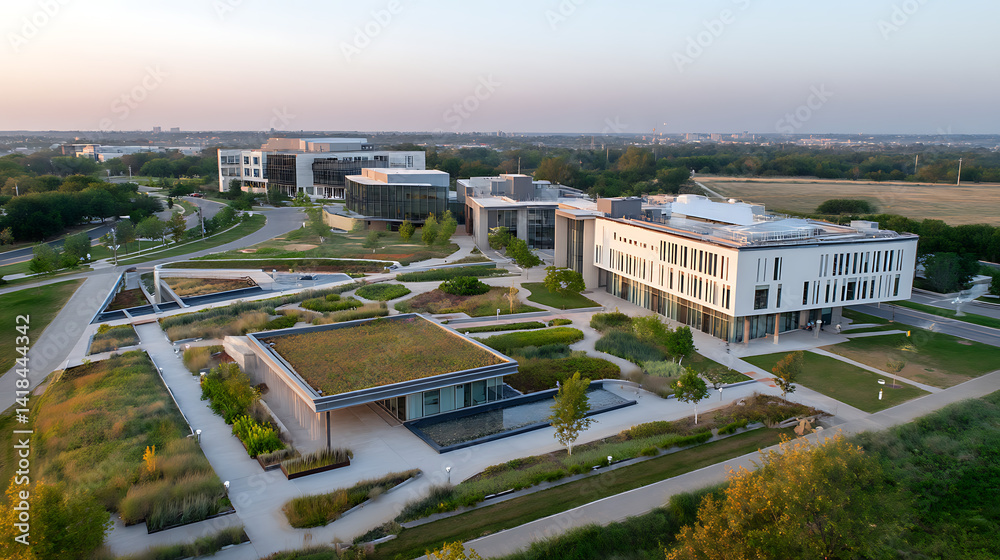 Regenerative Campus Design Golden Hour Aerial Perspective Of