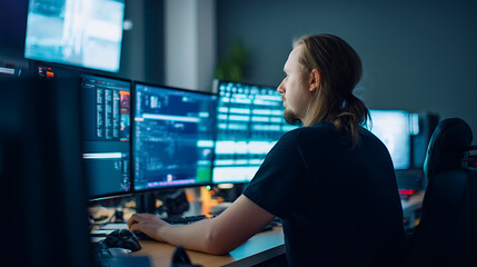 Immersive Digital Workspace Gen Z Gaming Developers Cyberpunk-Inspired Remote Collaboration Setup with Multi-Monitor Cinematic Visual Experience