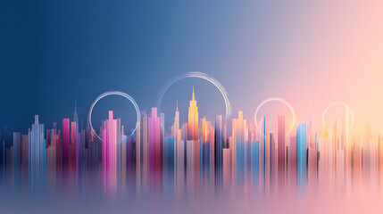Poster - Urban Gradient Minimalism Vibrant Geometric Circles Transforming City Skyline Perspective - Contemporary Design Meets Digital Aesthetic Innovation
