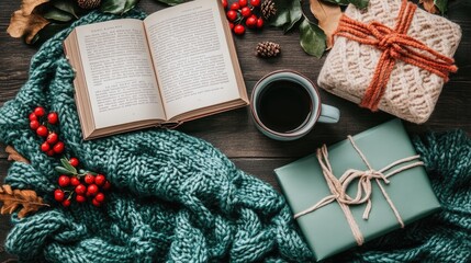Poster - Flat lay of mystery novel open beside coffee mug and closed notebooks on dark wood surface