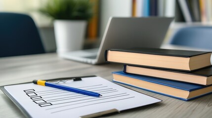 Poster - Virtual education concept with laptop, books, cloud storage icons, and study checklist