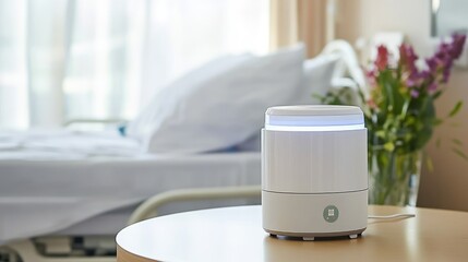 Poster - Voice-controlled AI assistant device for hospitals placed on bedside table
