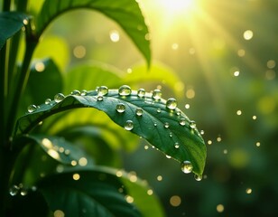 Poster - Fresh droplets of dew cling to vibrant green leaves, capturing the soft morning light in a tranquil garden. Nature awakens with a promise of a new day ahead Generative AI