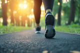 A person walking in park during morning hours with a close-up of walking shoes and pathway, the importance of regular physical exercise for health, vitality, and overall wellness in daily life.
