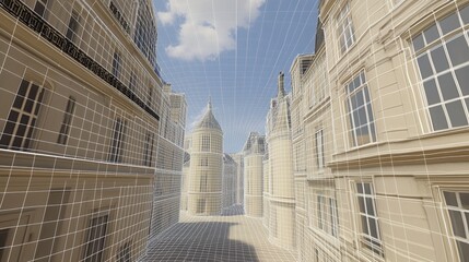 Poster - Narrow street view with limestone buildings under clear blue sky featuring vertical perspective and soft natural lighting