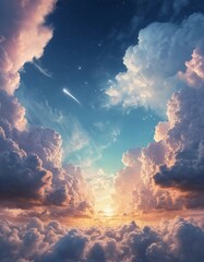 Poster - Breathtaking clouds reflect warm hues as the sun sets on the horizon, while a shooting star streaks through the tranquil twilight sky, enchanting the atmosphere Generative AI