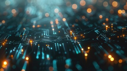 Poster - Vibrant color circuit board with detailed lines and patterns on a dark background. Digital art for design. Abstract image of wireframe or motherboard with glowing color with electronic parts. AIG53.