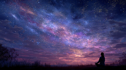 Wall Mural - Back view of a female silhouette in meditation framed by a glowing cosmic sky symbolizing inner peace universal connection spiritual awakening and the harmony between energy and consciousness

