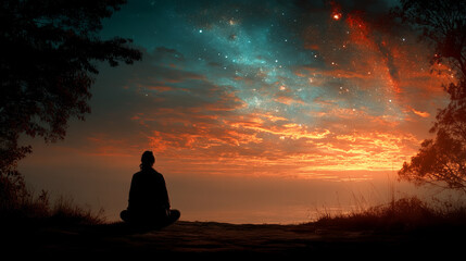 Wall Mural - Back view of a female silhouette in meditation framed by a glowing cosmic sky symbolizing inner peace universal connection spiritual awakening and the harmony between energy and consciousness

