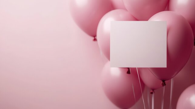 Horizontal birthday celebration layout with balloons and card in soft focus