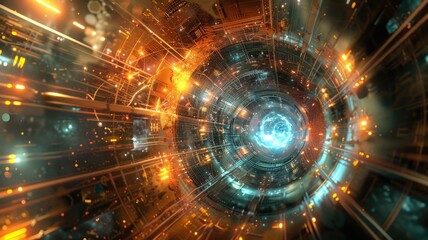 Poster - An abstract digital representation of a quantum accelerator, showcasing vibrant colors and dynamic light effects. Ideal for technology and science themes.