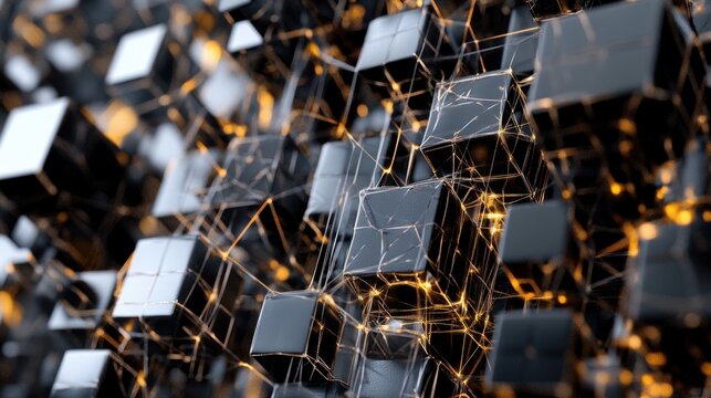Abstract Black Cubes with Glowing Connections in a Digital Space