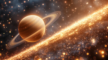 Wall Mural - Saturn showcases its iconic rings and swirling gas layers in a breathtaking cosmic display symbolizing mystery expansion time and the beauty of celestial harmony surrounded by twinkling stars

