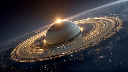 Wall Mural - Saturn showcases its iconic rings and swirling gas layers in a breathtaking cosmic display symbolizing mystery expansion time and the beauty of celestial harmony surrounded by twinkling stars

