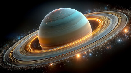 Wall Mural - Saturn showcases its iconic rings and swirling gas layers in a breathtaking cosmic display symbolizing mystery expansion time and the beauty of celestial harmony surrounded by twinkling stars

