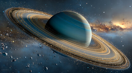 Wall Mural - Saturn showcases its iconic rings and swirling gas layers in a breathtaking cosmic display symbolizing mystery expansion time and the beauty of celestial harmony surrounded by twinkling stars


