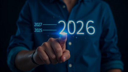 Poster - Person interacting with futuristic holographic display showing years 2025, 2026, and 2027 in a dark environment with glowing effects