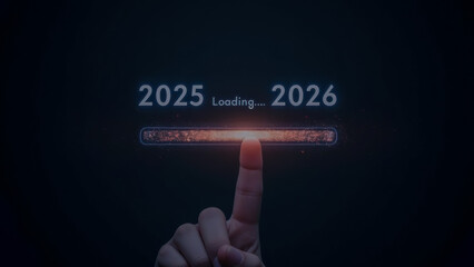 Poster - Digital Display of Year Transition from 2025 to 2026 with Progress Bar and Touch Interaction Concept