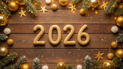 Poster - Festive New Year 2026 Celebration with Golden Decorations, Pine Branches, and Sparkling Ornaments on Wooden Background