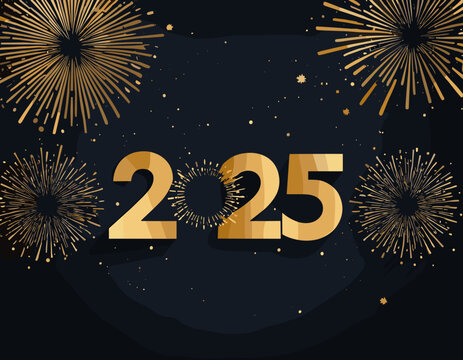 2025 New Year banner with abstract golden fireworks and numbers on dark night background. Modern design greeting card with geometric pattern backgdrop for cover, poster, web. Vector illustration.