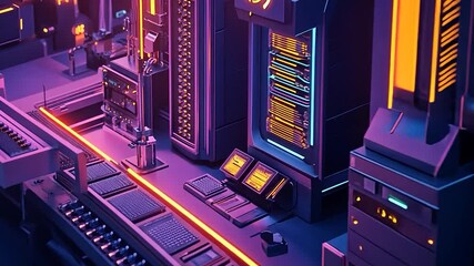 Futuristic industrial control room with glowing panels and machinery