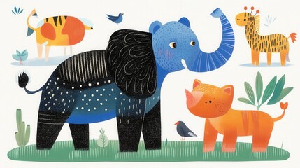  Whimsical Animals Cartoon tiger elephant rhino giraffe  birds on green grass