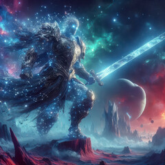 Wall Mural - celestial knight: a cosmic warrior stands guard over an alien landscape, wielding a radiant sword of