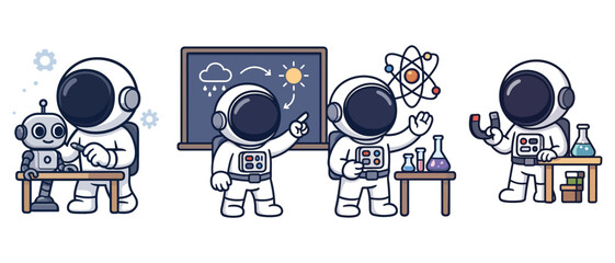Wall Mural - Cartoon astronauts exploring and explaining space set with telescope and cosmic diagrams. Flat vector illustration