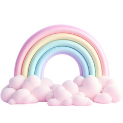 Poster - Pastel Rainbow and Clouds 3D Illustration on White Background for Baby Decor