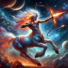 Wall Mural - Cosmic Centaur Archer: Fantasy Art of a Celestial Horseman with Flaming Bow and Arrow, Shooting Through the Stars and Nebulae