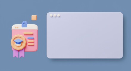 Online Education Platform 3D Render: Graduation Cap, Certificate, and Blank Website Interface for E-learning Success