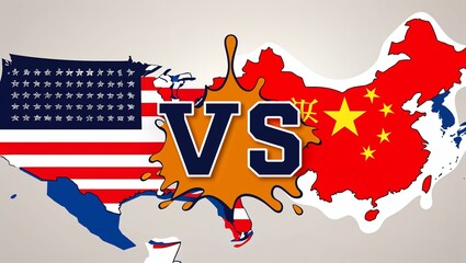 a digital illustration featuring two stylized maps of countries. On the left, the map of the United States is filled with the American flag design, showcasing red and white stripes with a blue field o
