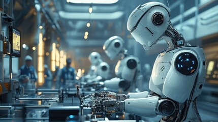 Poster - A futuristic factory floor with robots operating machinery and assembling products while humans observe